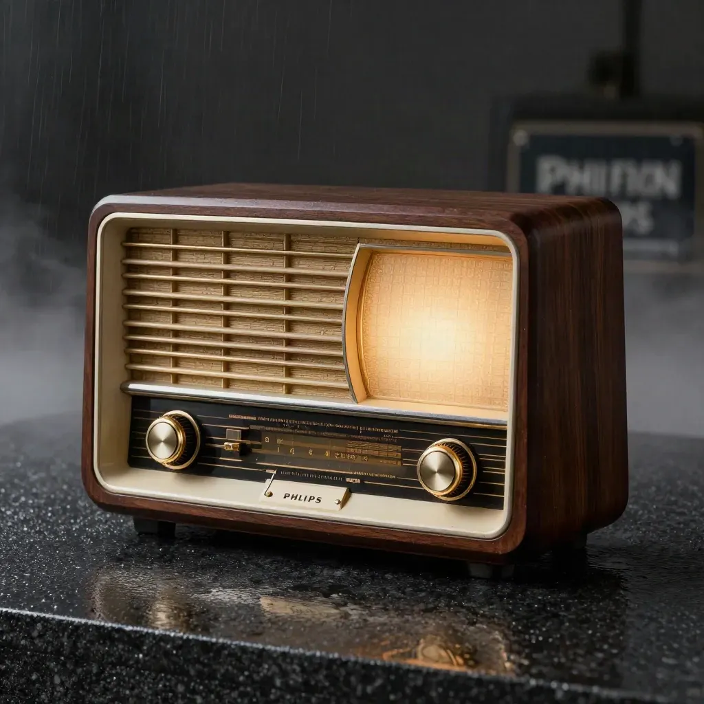 Vintage Philips buizenradio op nat basalt met mist en gouden reflectie, in donker dramatisch licht