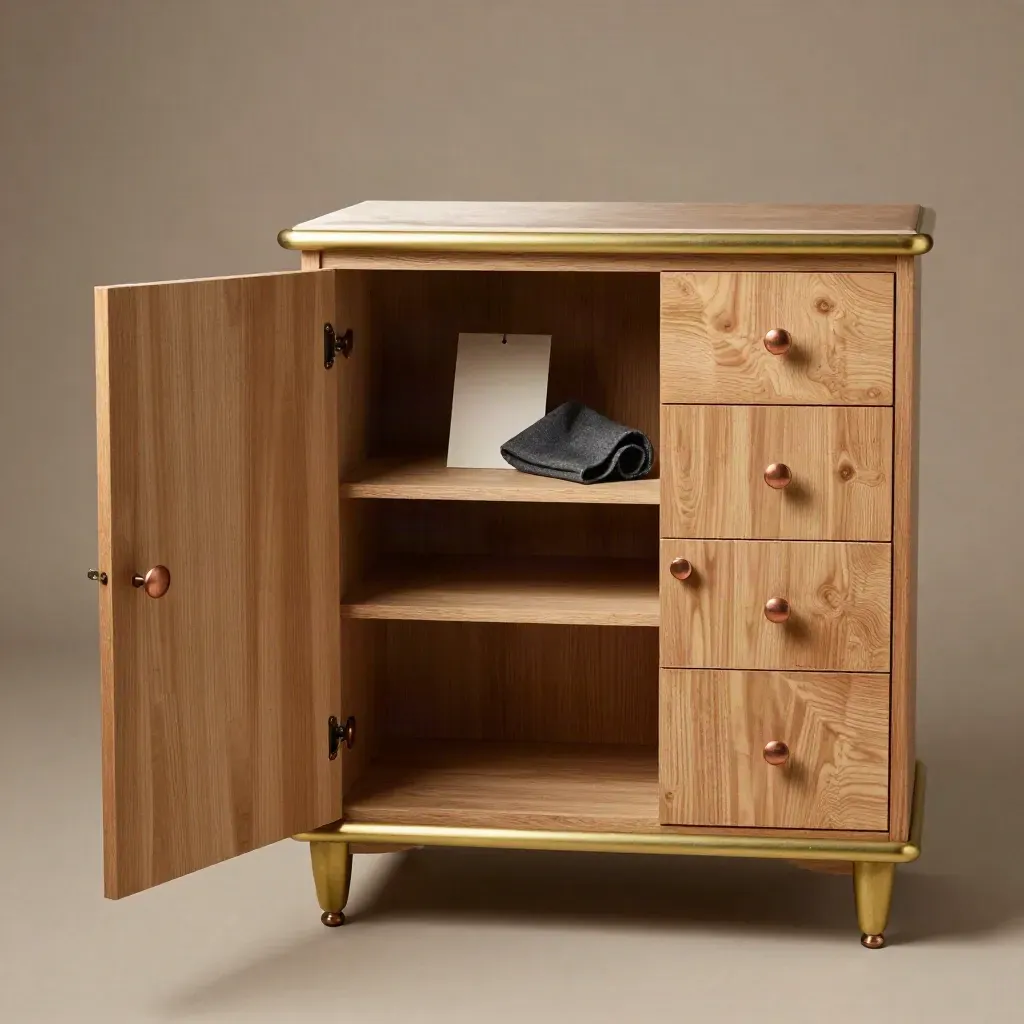 Oud eiken dressoir met open deur, koperen knoppen en warme taupe achtergrond
