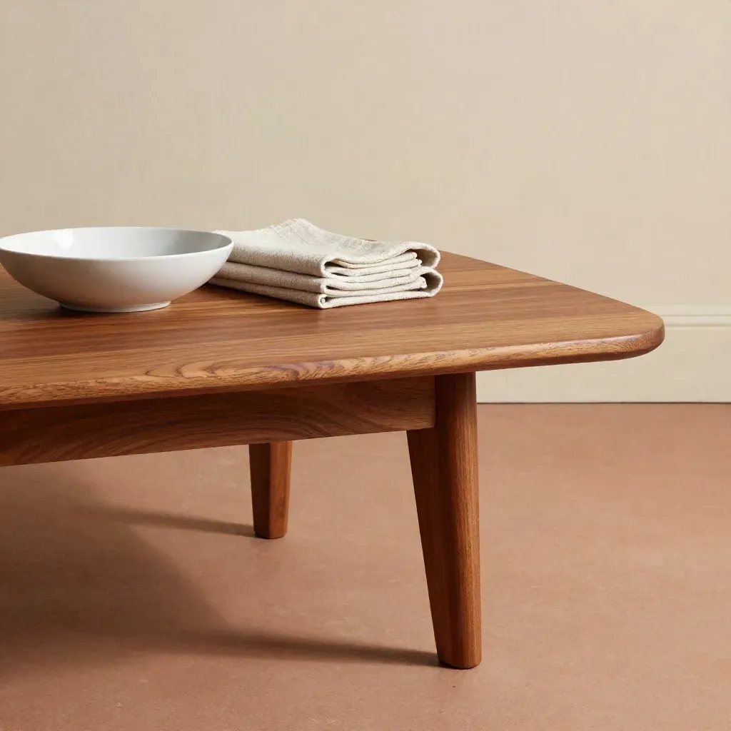 Teakhouten salontafel met keramische schaal en linnen plaid in zacht daglicht.
