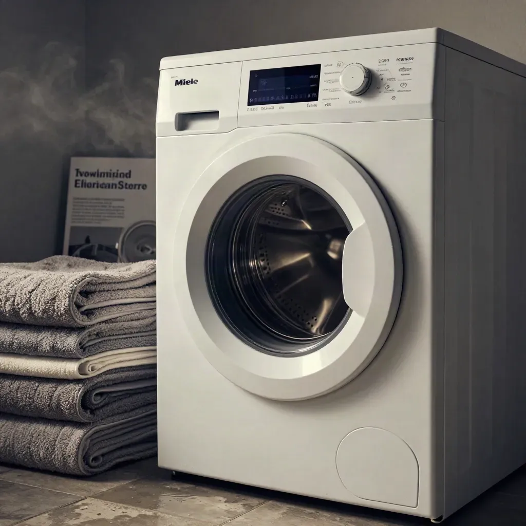 Witte wasmachine half open in een vochtige bijkeuken met handdoeken en tegelvloer.