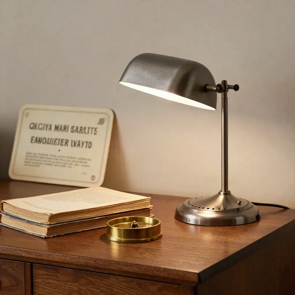 Vintage stalen bureaulamp op een walnoten bureau met oude boeken en een messing paperweight.