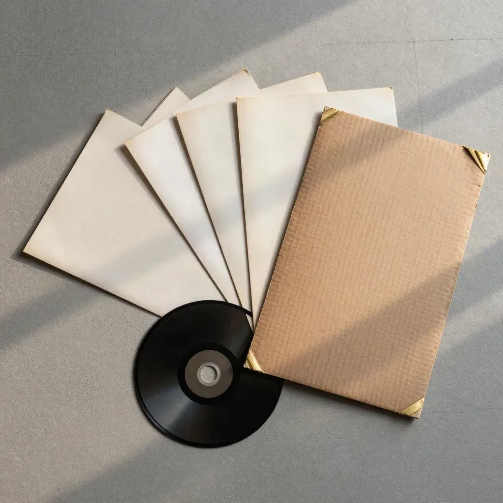 Bovenaanzicht van 50 vinylplaten in waaier op grijs beton.