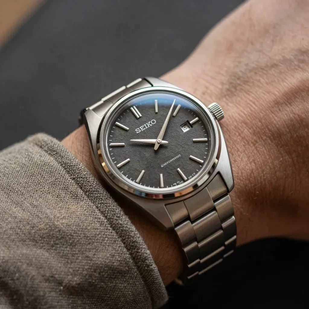 Vintage Seiko herenhorloge op canvas, met getextureerde wijzerplaat en zachte patina