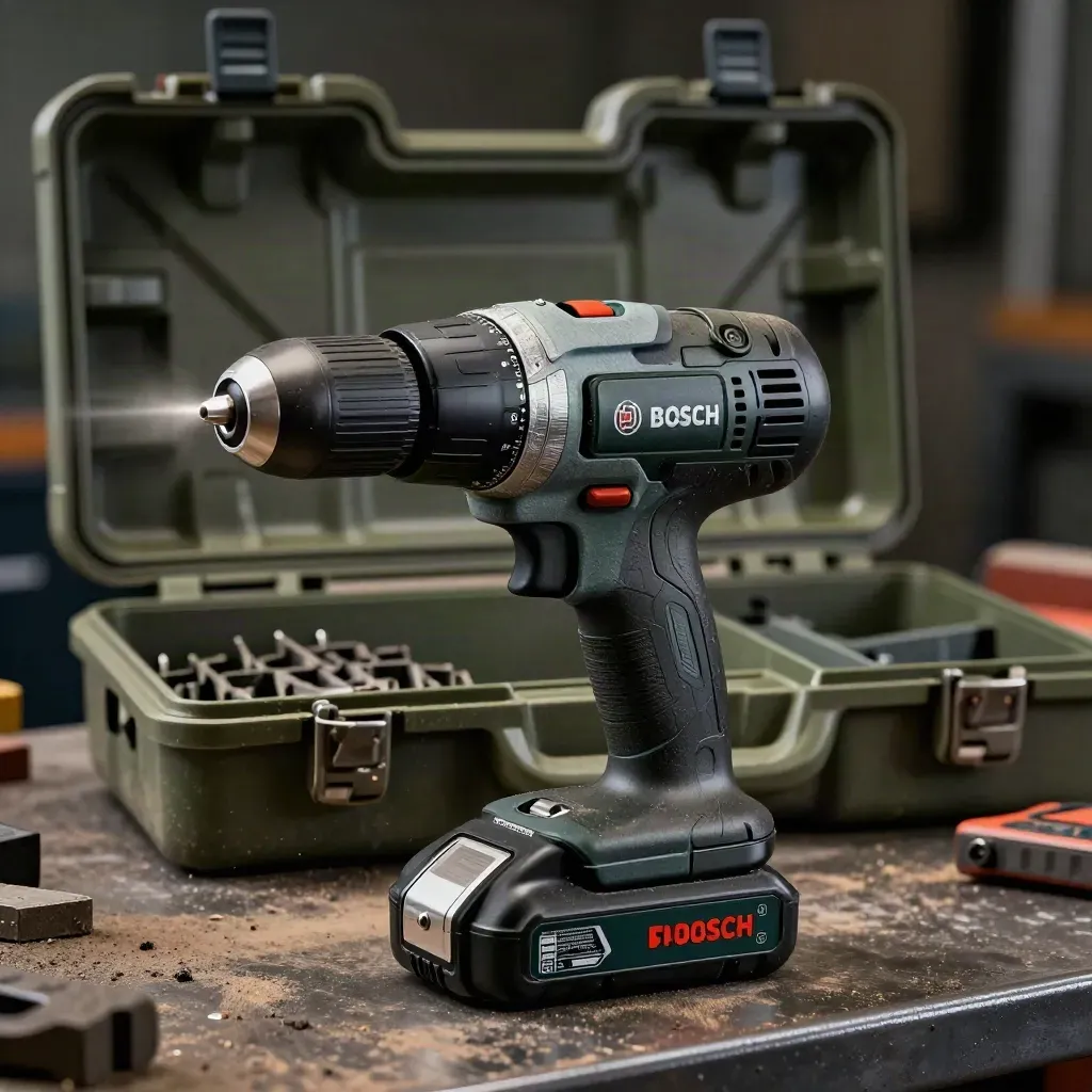 Bosch accuboormachine met accupack, bitset en open koffer op een donkere werkbank.