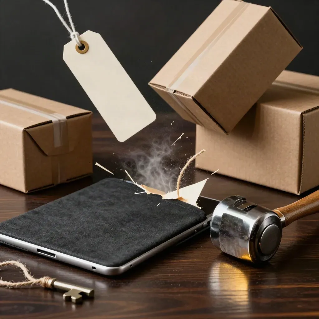 Donkere productfoto met veilingpakket: dozen, tablet, touw en hamer op glanzend hout.