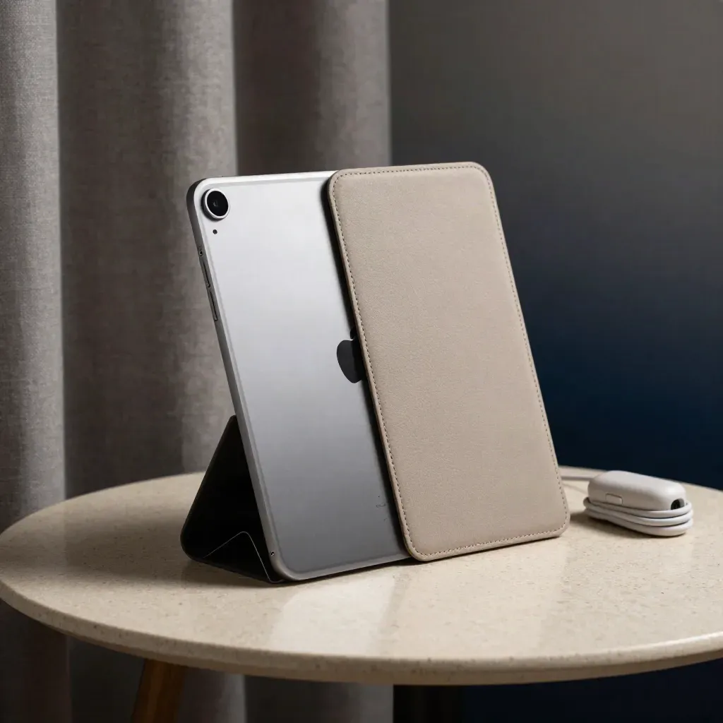 iPad in spacegrijze folio naast oplader op travertin tafel, zacht daglicht