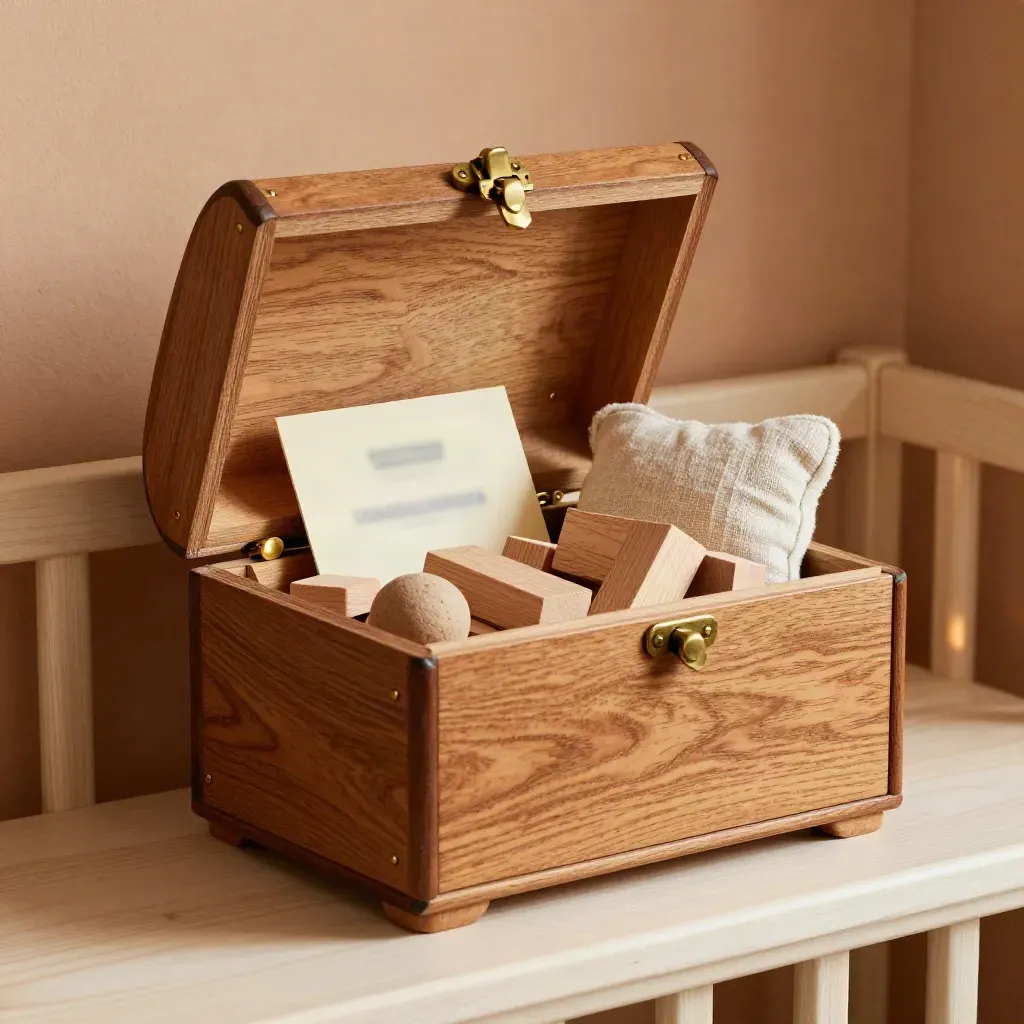 Houten speelgoedkist open met blokken en knuffel op een warme houten bank.