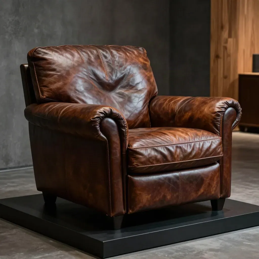 Bruine leren fauteuil met diepe zitting in een donkere studio, drie kwart van opzij.