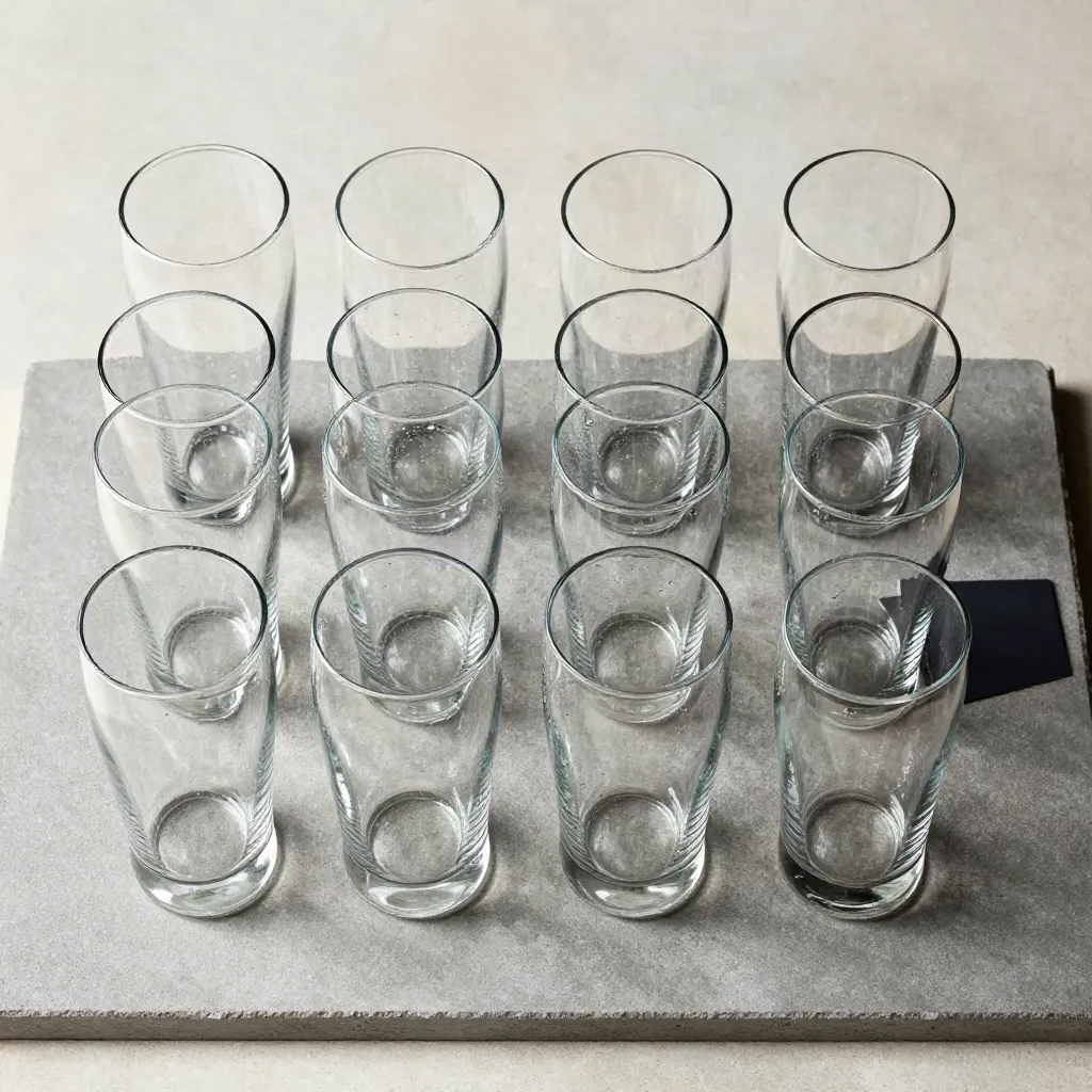 Bovenaanzicht van twaalf gepolijste bierglazen in twee rijen op koel beton met zachte condens.
