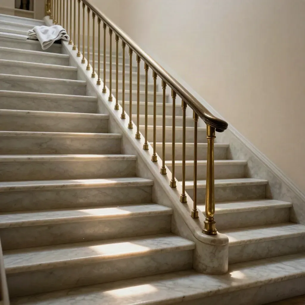 Marmeren trap met messing balustrade in stil grachtenpand, badend in namiddaglicht
