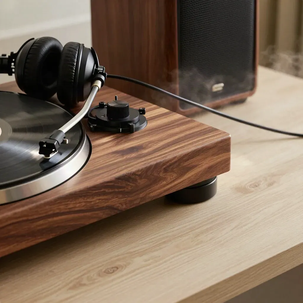 Warme houten audiohoek met platenspeler, koptelefoon en zacht ochtendlicht.