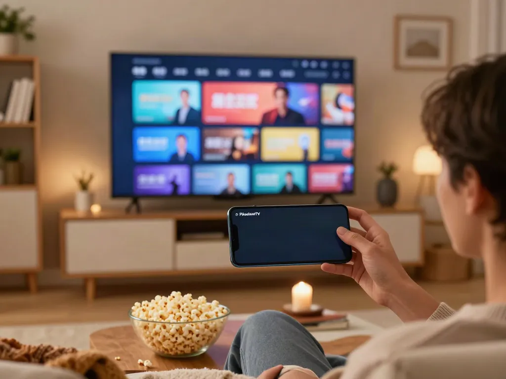 PikashowTV download displayed on smartphone while streaming in a cozy living room.